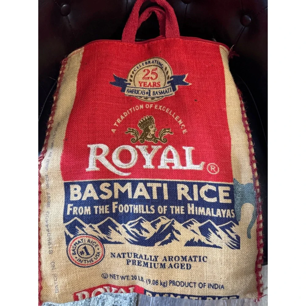 Royal Basmati Rice Tote Bag Unisex Large Red Tan Excellent Burlap Jute Sack Zip